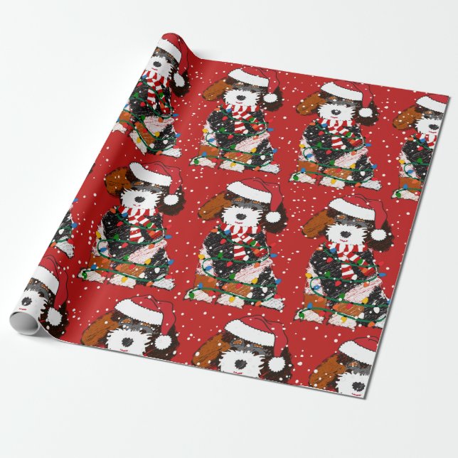 Cute Bernedoodle Mountain Dog Red Wrapping Paper (Unrolled)