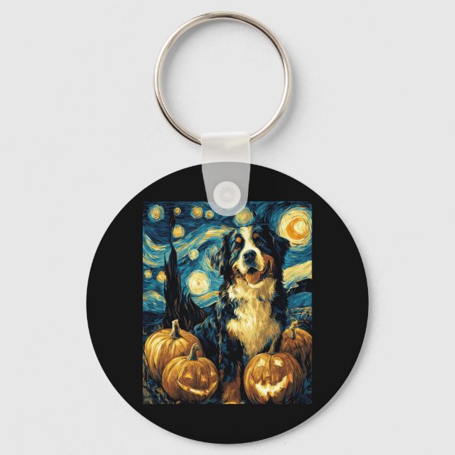 Cute Bernese mountain Dog Halloween Jack O Lantern Keychain (Front)