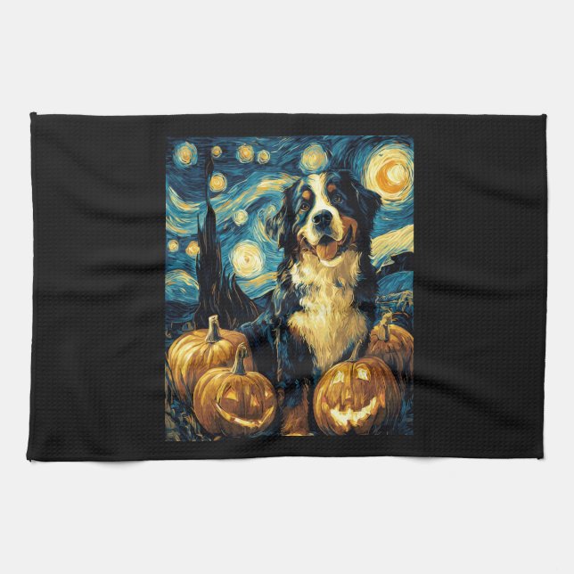 Cute Bernese mountain Dog Halloween Jack O Lantern Kitchen Towel (Horizontal)
