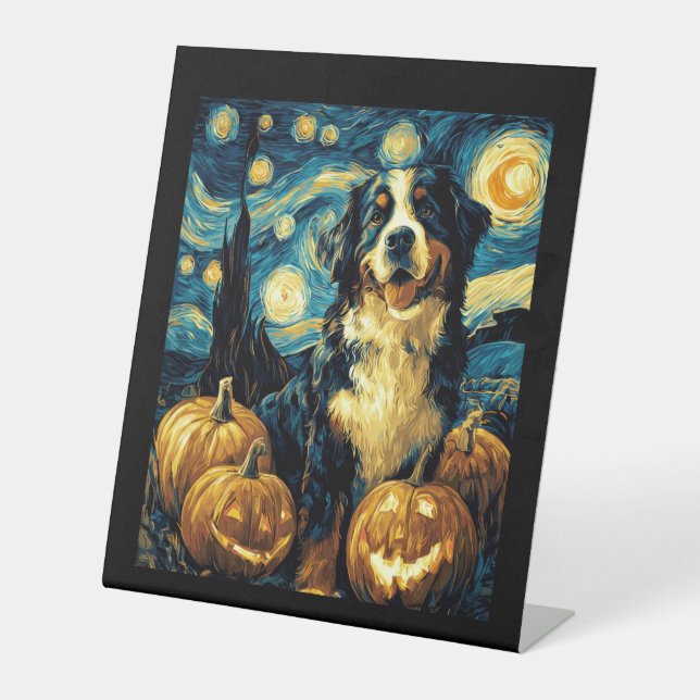 Cute Bernese mountain Dog Halloween Jack O Lantern Pedestal Sign (Front)