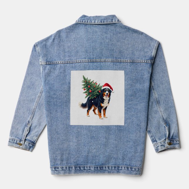 Cute Bernese Mountain Dog in a Christmas Tree for  Denim Jacket (Back)