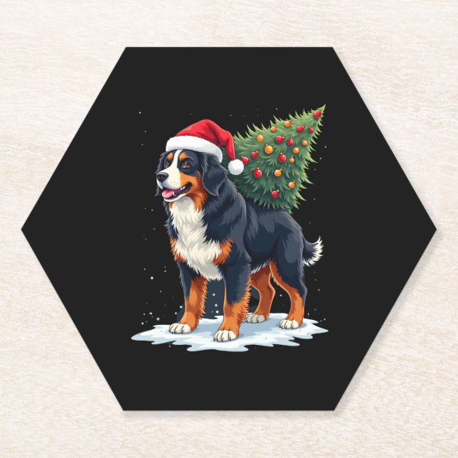 Cute Bernese Mountain Dog in a Christmas Tree for  Paper Coaster (Front)