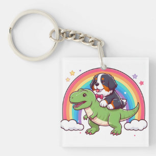 Cute Bernese Mountain Dog Riding T-Rex Dinosaur Keychain