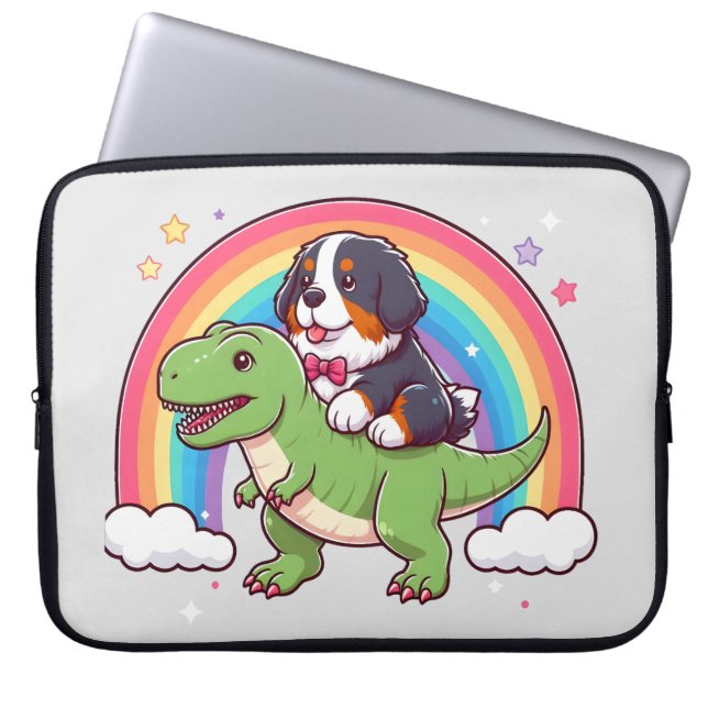 Cute Bernese Mountain Dog Riding T-Rex Dinosaur Laptop Sleeve (Front)
