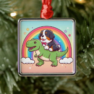 Cute Bernese Mountain Dog Riding T-Rex Dinosaur Metal Ornament