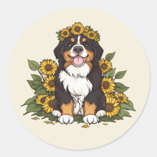 Cute Bernese Mountain Dog Wearing Sunflower Crown Classic Round Sticker