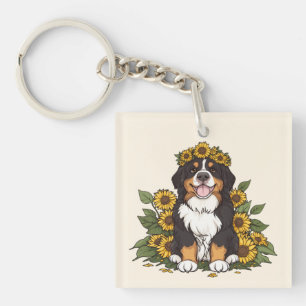 Cute Bernese Mountain Dog Wearing Sunflower Crown Keychain