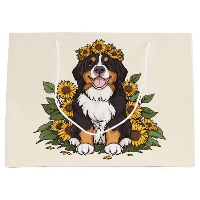 Cute Bernese Mountain Dog Wearing Sunflower Crown Large Gift Bag (Front)