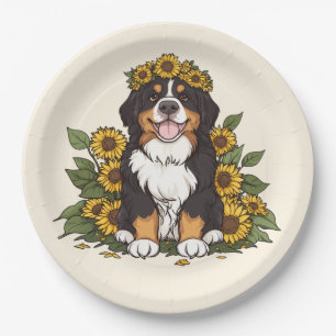 Cute Bernese Mountain Dog Wearing Sunflower Crown Paper Plate