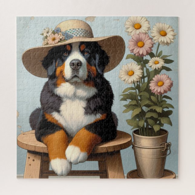 Cute Bernese Mountain Dog with Hat and Flowers Jigsaw Puzzle (Vertical)