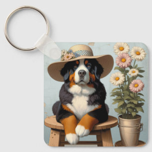 Cute Bernese Mountain Dog with Hat and Flowers Keychain