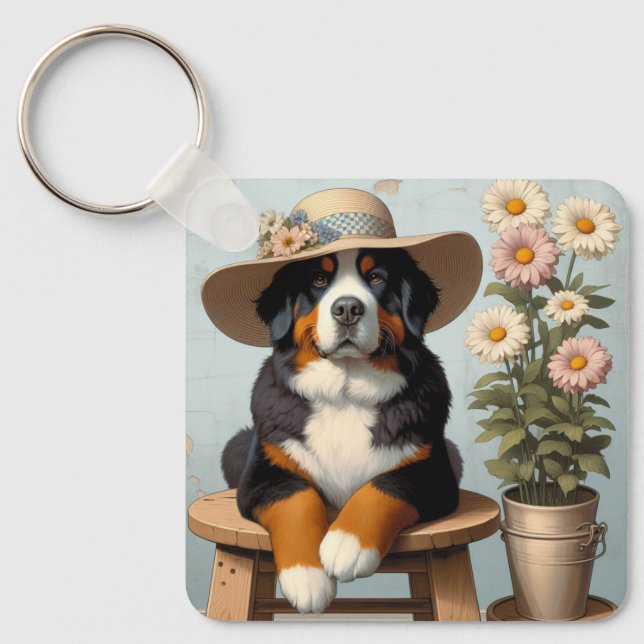 Cute Bernese Mountain Dog with Hat and Flowers Keychain (Front)