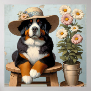 Cute Bernese Mountain Dog with Hat and Flowers Poster