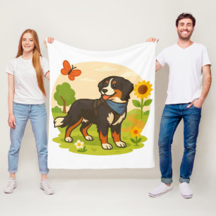 Cute Bernese Mountain Dog with Sunflower & Butterf Fleece Blanket