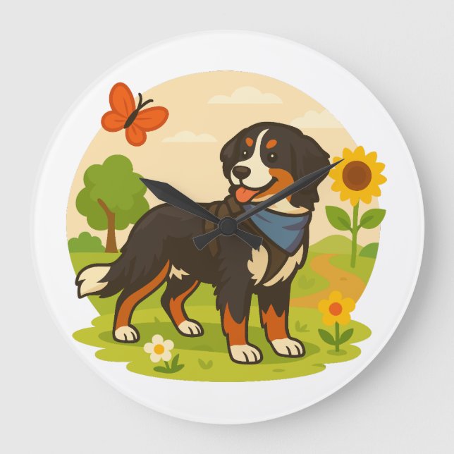 Cute Bernese Mountain Dog with Sunflower & Butterf Large Clock (Front)