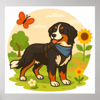 Cute Bernese Mountain Dog with Sunflower & Butterf Poster