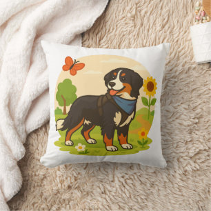Cute Bernese Mountain Dog with Sunflower & Butterf Throw Pillow
