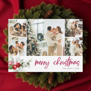 Cute Berry  7 Photo Collage Handwritten Script Holiday Card