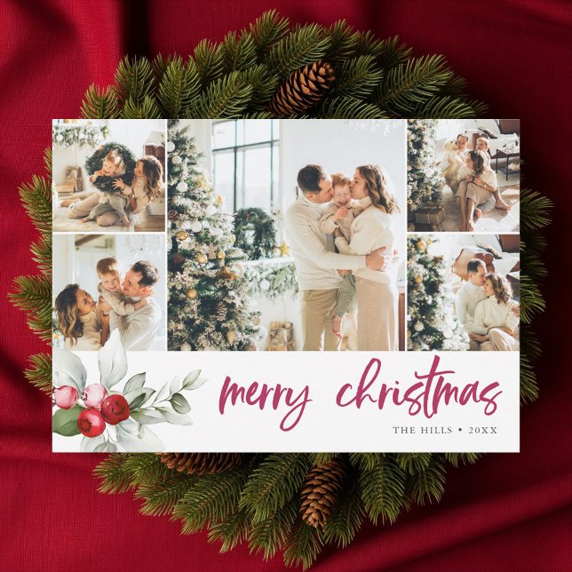 Cute Berry  7 Photo Collage Handwritten Script Holiday Card (Creator Uploaded)