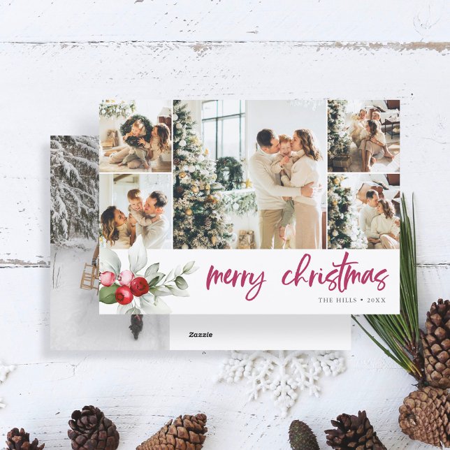 Cute Berry  7 Photo Collage Handwritten Script Holiday Card (Creator Uploaded)