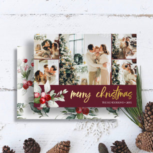Cute Berry Christmas Script Photo Collage Foil Holiday Card