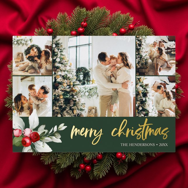 Cute Berry Christmas Script Photo Collage Foil Holiday Card (Creator Uploaded)