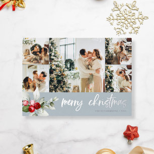 Cute Berry Christmas Script Photo Ice Blue Foil Holiday Card