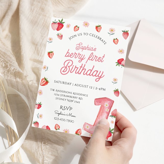 Cute Berry First Birthday Watercolor Strawberry Invitation (Creator Uploaded)