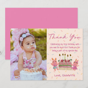 Cute Berry Sweet Bunnies Pink Birthday Photo Thank You Card