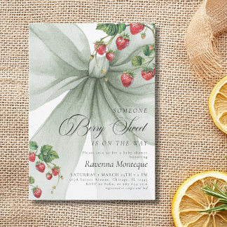 Cute Berry Sweet Green Bow Strawberry Baby Shower Invitation