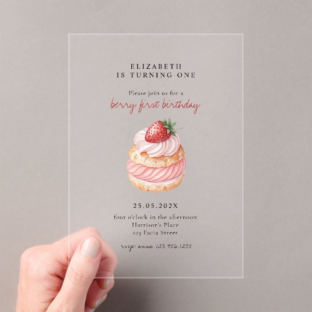 Cute Berry Sweet Pink First Birthday Acrylic Invitations (Insitu (Handheld))