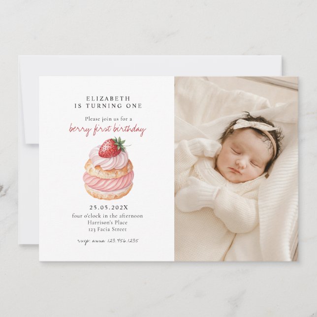 Cute Berry Sweet Pink First Birthday Photo Invitation (Front)
