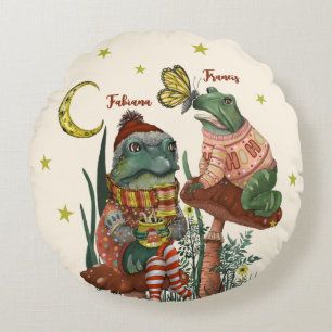 Cute Best Friend Frogs on Mushroom Christmas Round Pillow