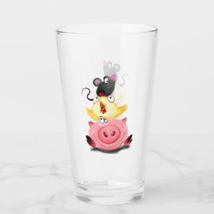 Cute Best Friends Piggy Chick and Mouse - Cartoon  Glass