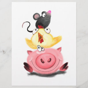 Cute Best Friends Piggy Chick and Mouse - Cartoon Letterhead