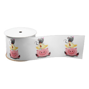 Cute Best Friends Piggy Chick and Mouse - Cartoon  Satin Ribbon