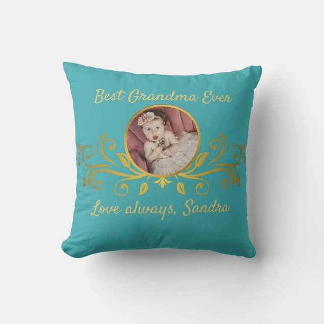 Cute Best Grandma ever photo Black Gold Teal Blue Throw Pillow (Front)