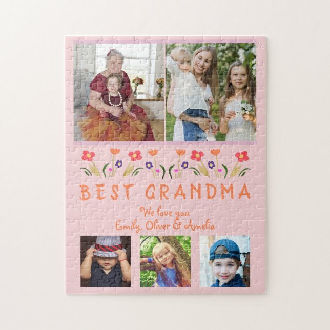 Cute Best Grandma Flowers Floral Family Photo Jigsaw Puzzle (Vertical)