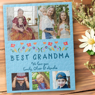 Cute Best Grandma Flowers Floral Family Photo Jigsaw Puzzle