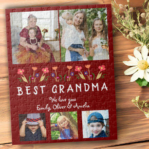 Cute Best Grandma Flowers Floral Family Photo Jigsaw Puzzle