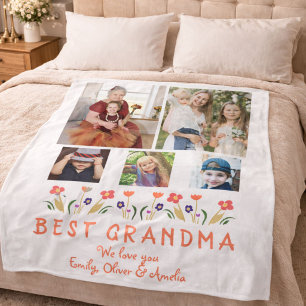 Cute Best Grandma Flowers Photo Collage Fleece Blanket