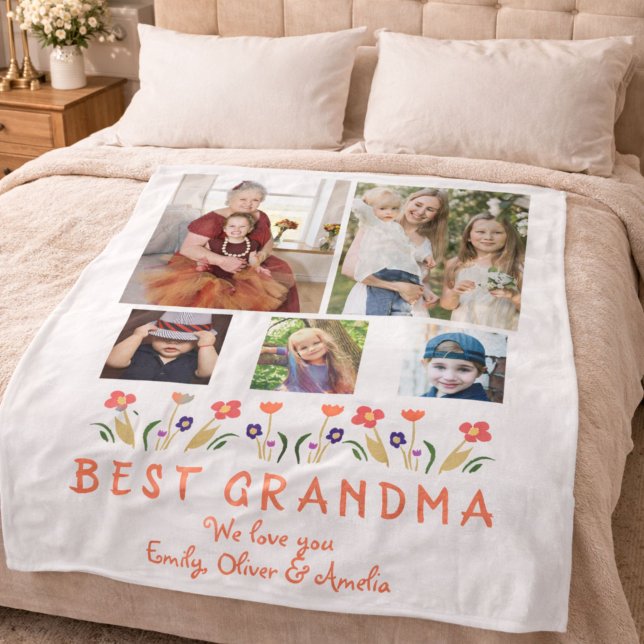 Cute Best Grandma Flowers Photo Collage Fleece Blanket (Creator Uploaded)