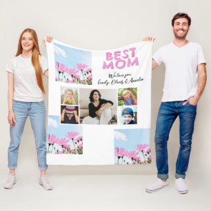 Cute Best Mom Pink Flowers 5 Photo Collage Fleece Blanket