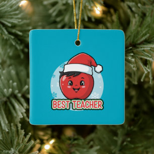 Cute Best Teacher Christmas Apple Holiday Ceramic Ornament