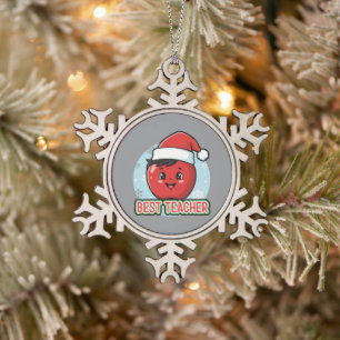 Cute Best Teacher Christmas Apple Holiday Snowflake Pewter Christmas Ornament