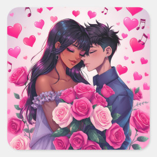 Cute Bi-Racial Anime Valentine's Day Square Sticker