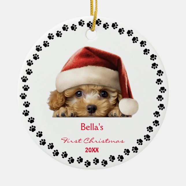 Cute Bichon Frise Dog Santa Hat First Christmas Ceramic Ornament (Front)