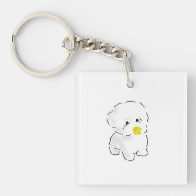 Cute Bichon Frise Dog Wearing Duck Bill Muzzle Keychain (Front)