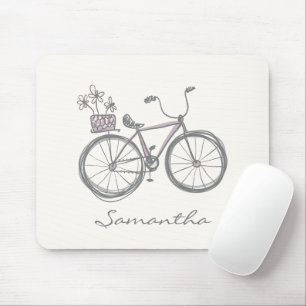 Cute Bicycle Drawing in Lilac Personalized Name Mouse Pad