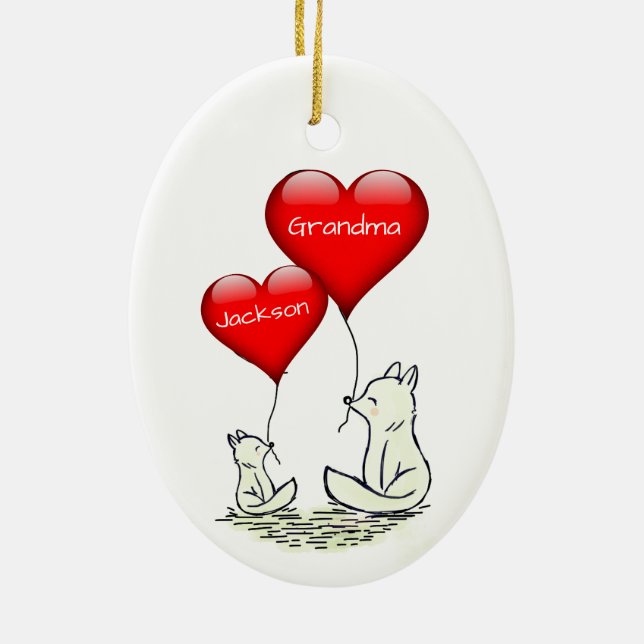 Cute Big and Small Fox with Red Hearts Ceramic Ornament (Back)